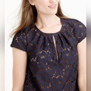 J Crew Cap-Sleeve Semi Sheer Floral Lace Top Navy Blue Black Trim Key Hole Sz 4